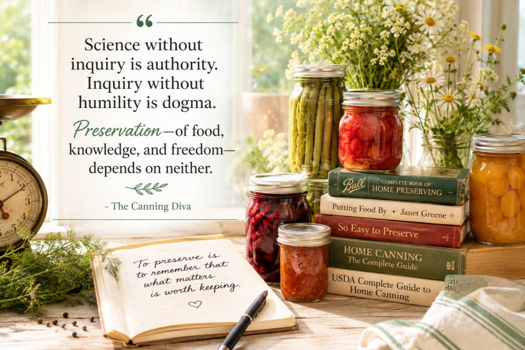 science without inquiry is authority. Inquiry without humility is dogma. Preservation of food, knowledge, and freedom depends on neither. By Diane Devereaux, The Canning Diva. 