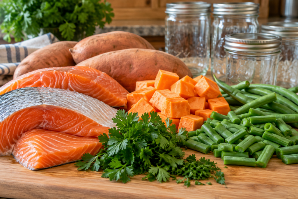 salmon and sweet potatoe supper ingredients for preserving for your pets by the canning diva