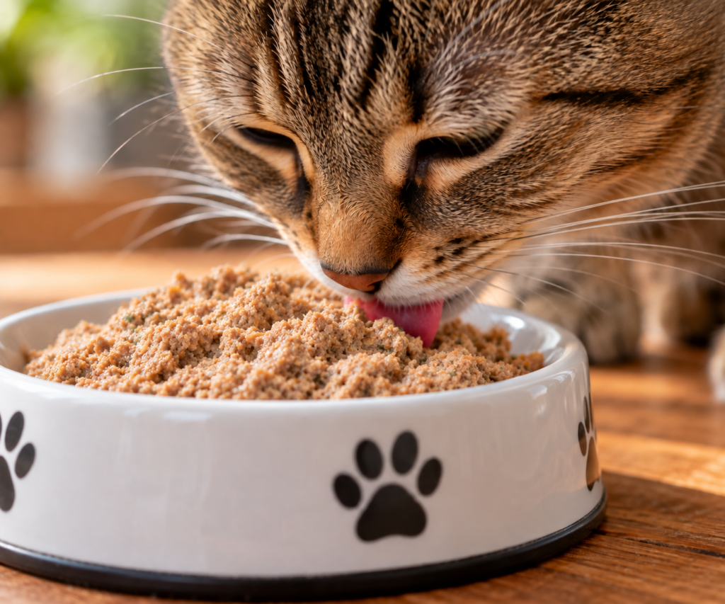 cat enjoying turkey pumpkin pate with zucchini from the book preserving for your pets by devereaux