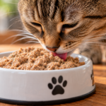cat enjoying turkey pumpkin pate with zucchini from the book preserving for your pets by devereaux
